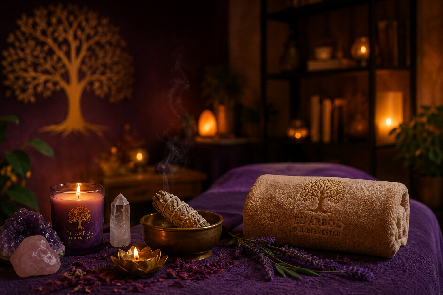 Espacio de terapia energética con velas, cuarzos y ambiente cálido